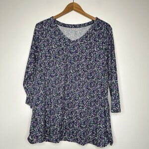 J Jill Pima Cotton 3/4 Sleeve V-Neck Tee XL Tall Ditsy Floral Boho